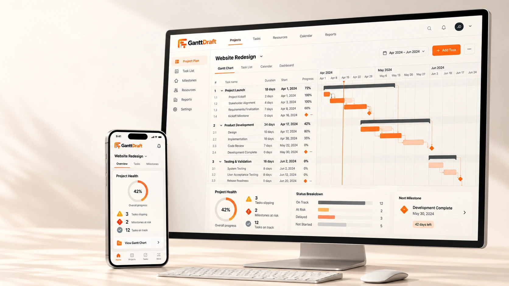 GanttDraft project schedule displayed on a desktop monitor and smartphone